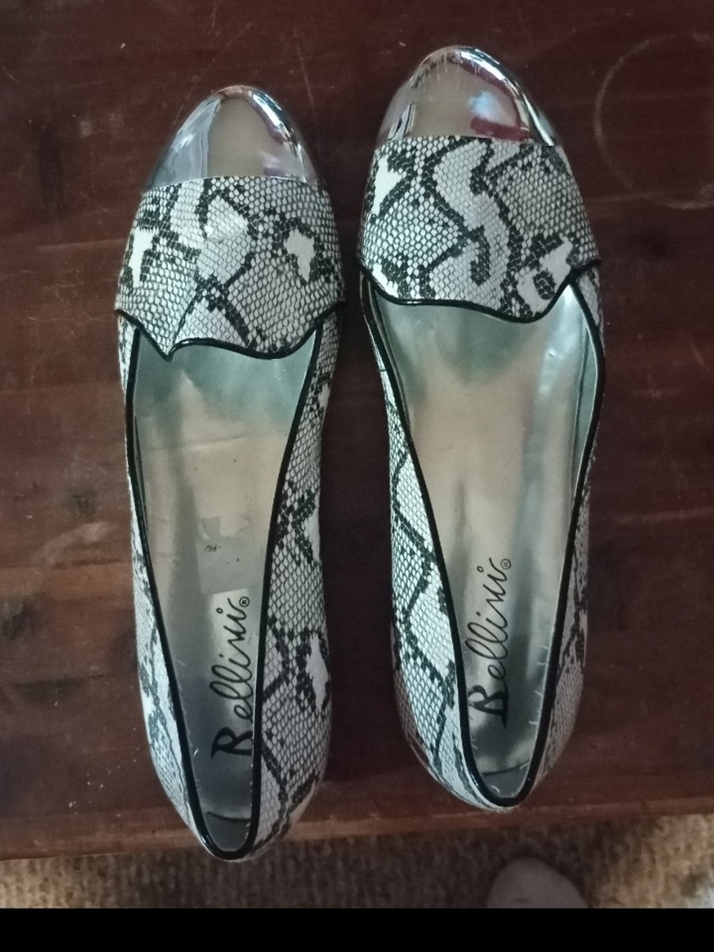 Bellini Black & White Snake-Print Slip-On Flats with Metallic Toe